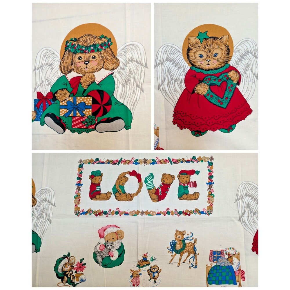 Vintage Hallmark Wamsutta Christmas Dog Cat Teddy Angel Fabric Panel Appliqué